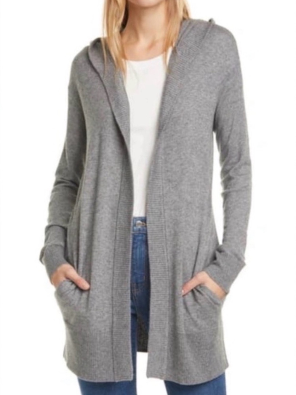 Theory Wool Blend Gray Hooded Open Front Cardigan Sweater Aria Knit Pocket M